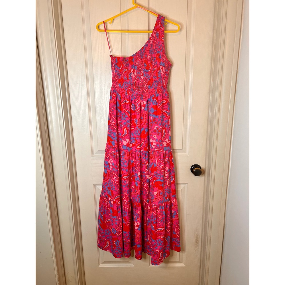 Sugarlips Pink Purple Paisley One Shoulder Smocked Tiered Maxi Dress Small